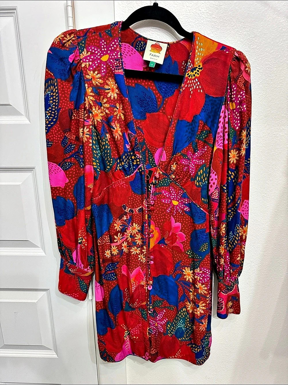 Farm Rio Floral Long Sleeve Dress in Red & Blue Size Small Like New